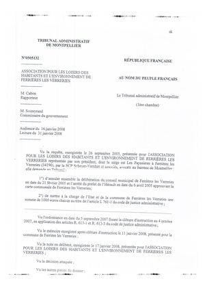 005 - Jugement Carte Communale de Ferrières Les Verreries