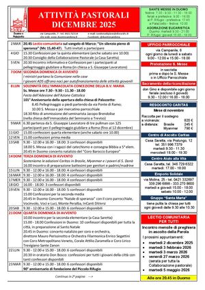 Calendario delle attività pastorali di dicembre 2025
