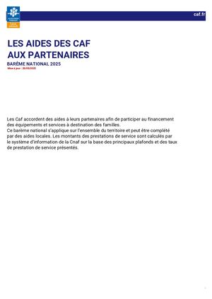 Barème national 2025 des aides de la Caf aux partenaires