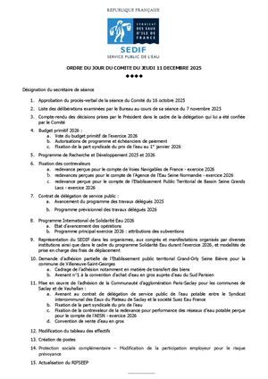 Ordre du jour Comité SEDIF 11 décembre 2025