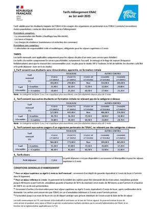 Tarifs Enac Hébergement Au 1er Aout 2024