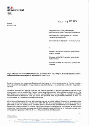 2025 12 05 Lettre De Mission Igas Iga Igf Sur La Décentralisation Des Politiques De Santé Et De L'autonomie Et De Transformtion Des Agences Régionales De Santé (Ars)