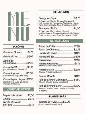 Menú Sara Cafetería Tradicional