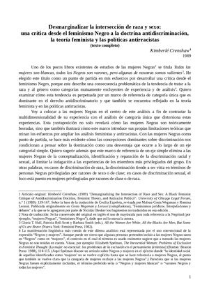 Crenshaw, K Desmarginalizar La Intersección De Raza Y Sexo (Texto Completo) Una Crítica Desde El Feminismo Negro A La Doctrina Antidiscriminación, La Teoría Feminista Y Las Políticas Antirracistas