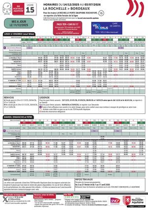 Fiche horaire n° 15 La Rochelle-Bordeaux du 14 décembre 2025 au 3 juillet 2026