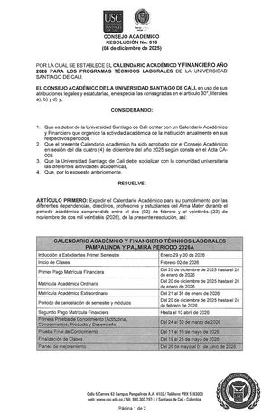 Resolución CA016 - Calendario Académico y Financiero Técnicos Laborales 2026