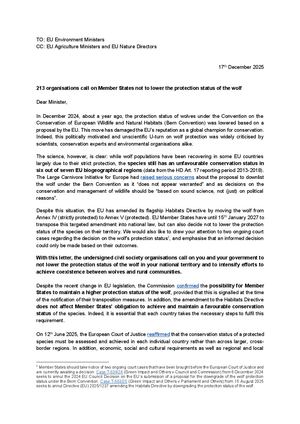 213 organisations européennes appellent les Etats membres à ne pas déclasser le loup