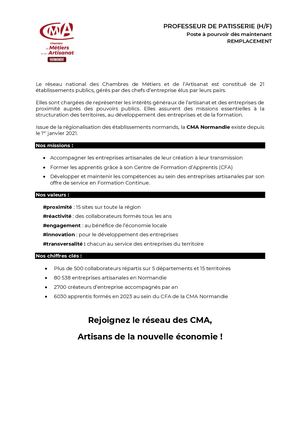 Offre Professeur Pâtisserie Cifac