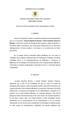 Fallo de primera instancia de la tutela instaurada por Juanita Espeleta Noreña y David Orlando Quintero