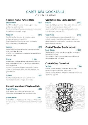 Carte des boissons - Tiki Bar - InterContinental Tahiti Resort & Spa (PPTPF)