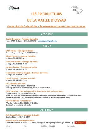 Liste Bergers Producteurs Vallée Ossau