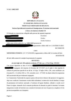 Sentenza Tribunale Di Bologna 12 Dicembre 2025 Protezione Complementare