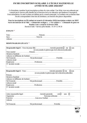2026/2027 Formulaire inscription scolaire maternelle