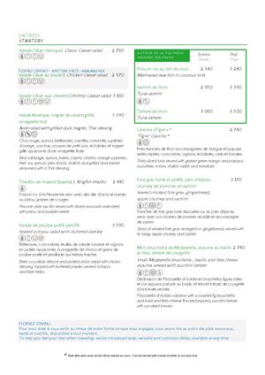 Carte - Restaurant Te Tiare - InterContinental Tahiti Resort & Spa (PPTPF)