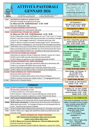 Calendario delle attività pastorali di gennaio 2026
