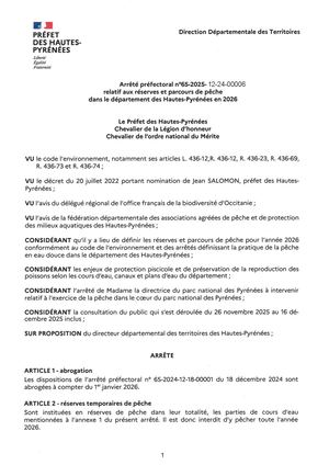 Arrêté Préfectoral relatif aux réserves, interdictions et parcours de pêche dans les Hautes-Pyrénées 2026