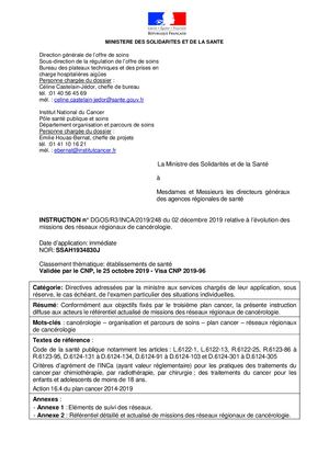 Nouvelle INSTRUCTION n° DGOS/R3/INCA/2019/248 du 02 décembre 2019 relative à l’évolution des missions des réseaux régionaux de cancérologie du Ministère