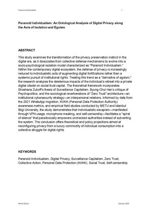 Paranoid Individualism: An Ontological Analysis Of Digital Privacy Along The Axis Of Isolation And Egoism