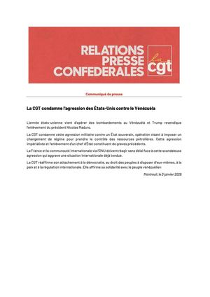 Communiqué Cgt Vénézuela 3 janvier 2026