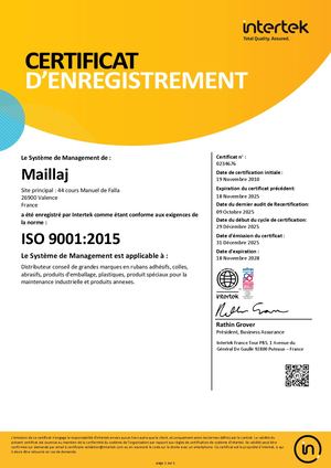 Certificat ISO 9001 Maillaj (ex Alizon Industrie)