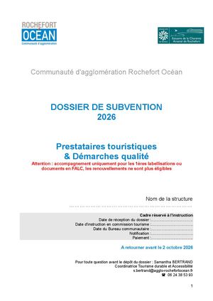 Dossier de demande de subvention Plan Qualité Rochefort Océan