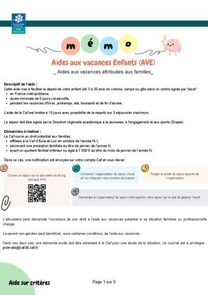 Fiche  Aides Aux Vacances Enfants