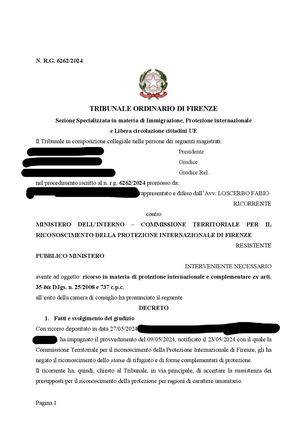 Avv Fabio Loscerbo Tribunale Di Firenze Decreto 24 Dicembre 2025 Riconoscimento Protezione Complementare