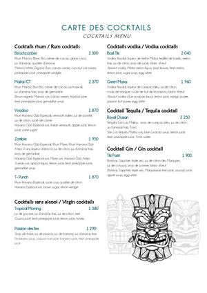 Carte des boissons - Tiki Bar - InterContinental Tahiti Resort & Spa (PPTPF)