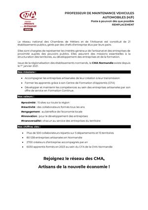 Offre Professeur Maintenance Véhicule Auto Cifac