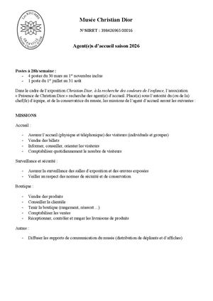 Offres d'emploi agent(e)s Accueil 2026/ Musée Christian Dior