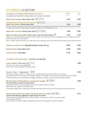 Carte - Restaurant Te Tiare - InterContinental Tahiti Resort & Spa (PPTPF)