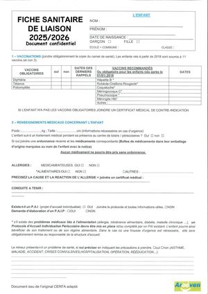 Classe De Neige 2026 Fiche Sanitaire