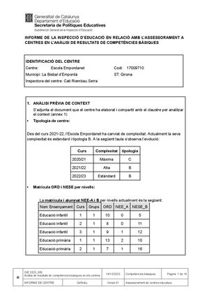 Anàlisi resultats del centre