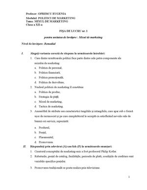 Fișe De Lucru Pentru îNvățarea Diferențiată La Unitatea De îNvățare Mixul De Marketing