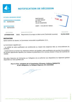 Attribution Qualibat 2111 - Barthélémy