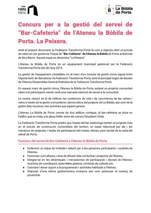 Concurs Per A La Gestió Del Servei De Bar Cafeteria La Peixera Cultural