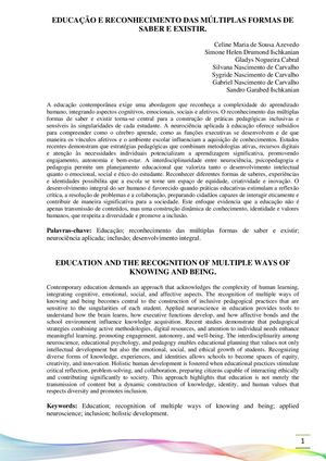 Educação E Reconhecimento Das Múltiplas Formas De Saber E Existir