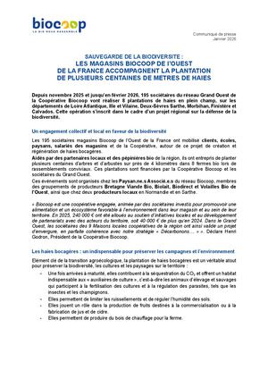 Sauvegarde de la Biodiversité : Les magasins Biocoop de l'ouest de la France accompagnent la plantation de plusieurs centaines de mètres de haies - CP Janvier 2026