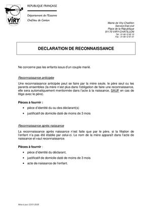 DECLARATION DE RECONNAISSANCE : liste des pièces