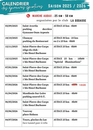 Calendrier Audax 2025 2026