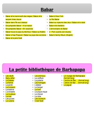 Liste Collection Babar + Barbapapa