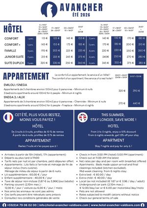 Avancher Hôtel & Lodge - Tarif Eté