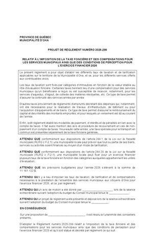 Projet Règlement 2026-299 Taxation - Correction du libellé de l’article 3.10.6 en date du 27 janvier 2026