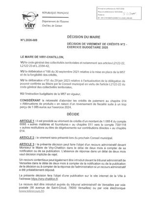 Décision virement crédits n°2 - exercice budgétaire 2025