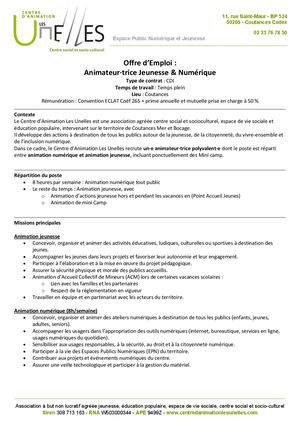 Offre d'emploi CDI Animateur·trice Jeunesse & Numérique Les Unelles