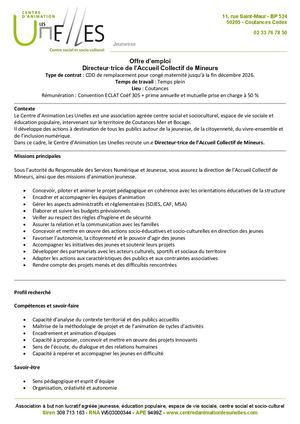 Offre D'emploi Directeur Trice Acm Les Unelles