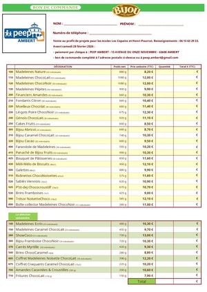 Bon de commande gâteaux Bijou 2026
