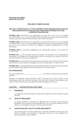 Règlement 2026-299 relatif à l'imposition de la taxe foncière et des compensations pour les services municipaux ainsi que des conditions de perception pour l'exercice financier 2026
