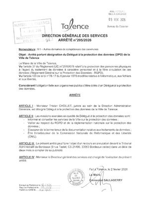 Arrete 205-2026-Designation Delegue A La Protection Des Donnees-Publié Le 05 02 2026