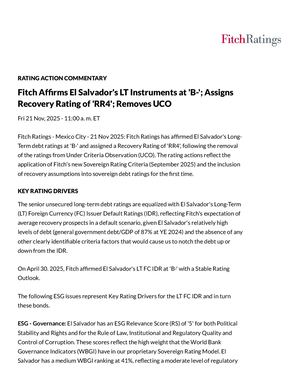 Fitch Affirms El Salvador's Lt Instruments At 'B '; Assigns Recovery Rating Of 'Rr4'; Removes Uco